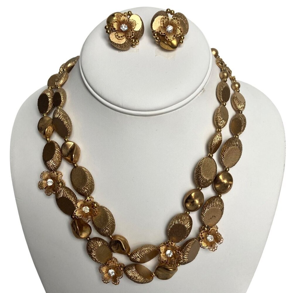 Vintage Deauville Gold Tone Necklace Rhinestone Flowers Clip On Earrings Set